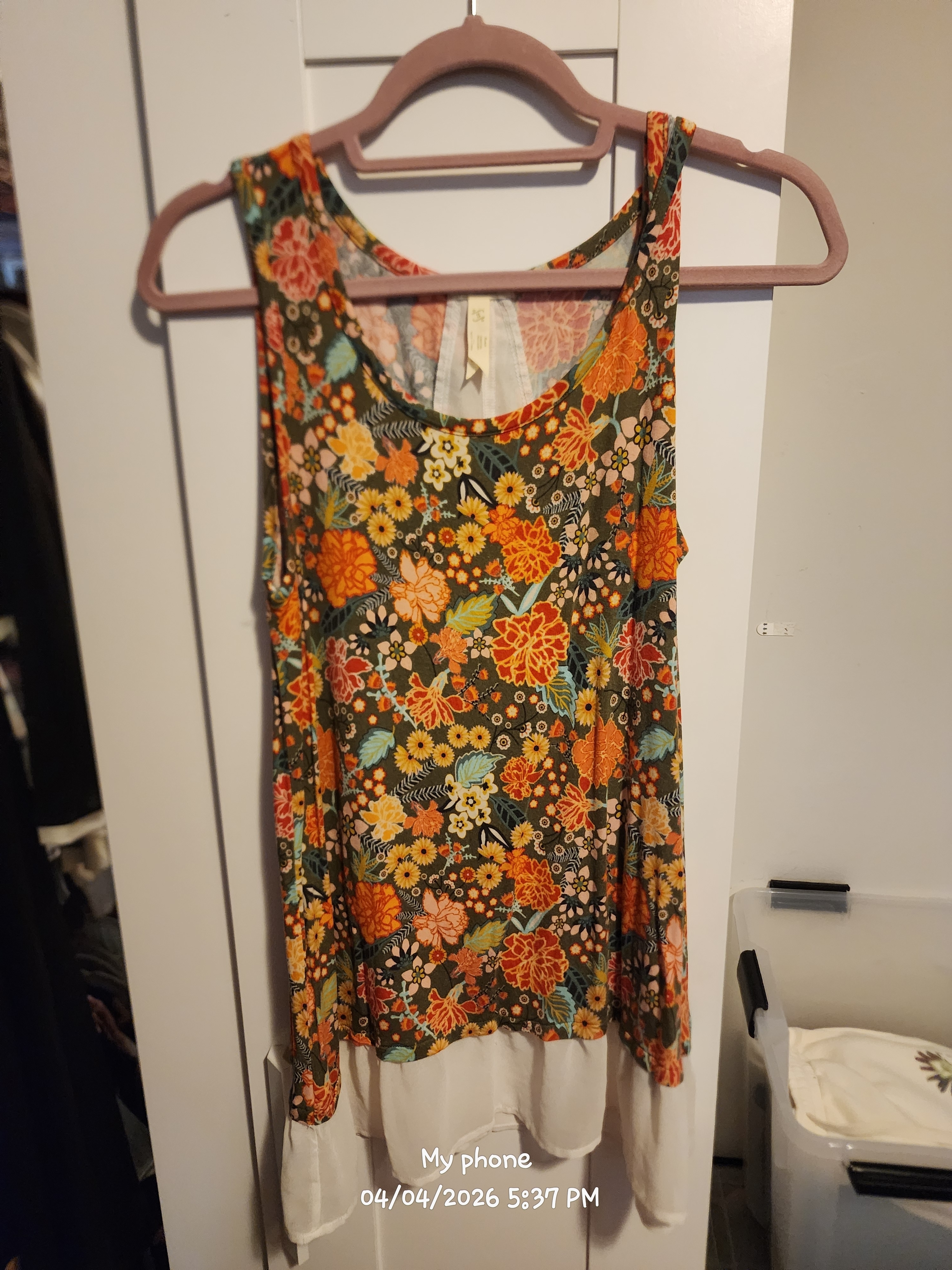 Floral Layered Tank Top With Chiffon Hem - Green/Orange
